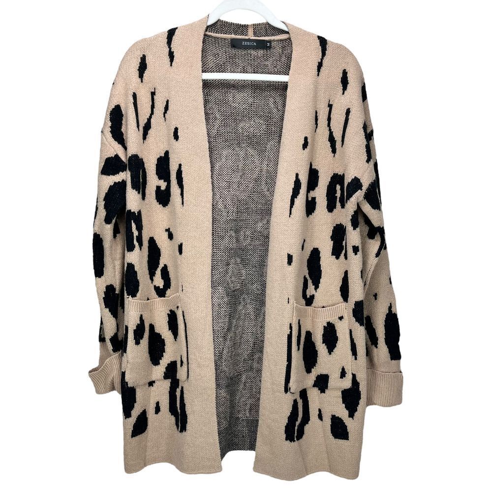 Zesica Women's Medium Beige‎ Leopard Open Front Knitted Cardigan Sweater
